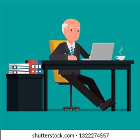 Businessman working at the computer.  Vector illustration, flat design drawing.