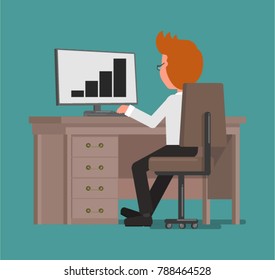Businessman working at the computer. Vector illustration. Flat design style.