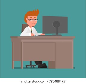 Businessman working at the computer. Vector illustration. Flat design style.