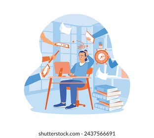 Businessman working at the computer while holding his head. Surrounded by lots of work to do. Multitasking Work concept.  Flat vector illustration.