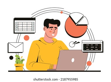Businessman working concept. Guy sits at laptop, evaluates graphs and diagrams. Time Management, Efficient Entrepreneur Launches Startup. Leadership and motivation. Cartoon flat vector illustration