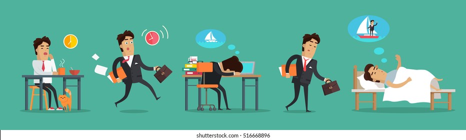 Businessman working day. Breakfast in the morning with his adorable cat. Hurries to work with all documents. Works and thinks about rest. Returns home tired. Sleeps and dreams about holidays. Vector