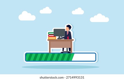 Hombre de negocios que trabaja en el escritorio encima de la barra de carga que ilustra el progreso en el informe del proyecto empresarial