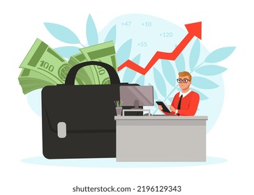 Businessman Working at Desk with Computer and Huge Briefcase with Money Banknote Vector Illustration