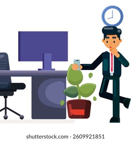 Businessman Working at Desk, businessman confused with deadline Flat Vector Illustration