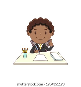 Businessman working at desk, happy cute boy