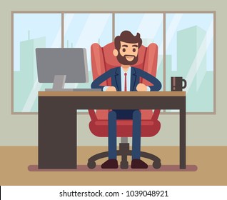 Businessman working at desk with laptop in corporate office workplace. Business table and businessman in office desk. Vector illustration
