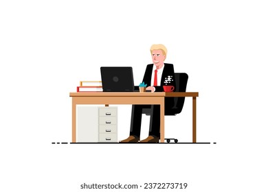 Businessman working at desk with laptop on isolated background, Vector illustration.