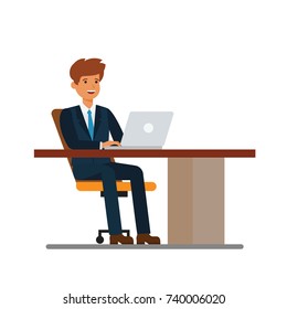 Businessman working at desk at notebook cartoon flat vector illustration concept on isolated white background