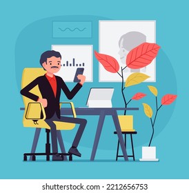 Businessman working at desk, office interior. Male happy manager in positive workplace, bringing insights and solutions, high level of performance. Vector creative vibrant botanical illustration