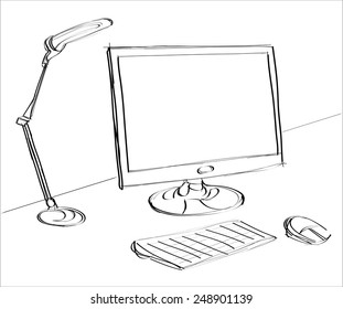 Businessman working desk. sketch vector illustration.