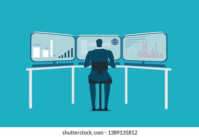 Businessman working with desk top, monitoring the market, controlling and supporting concept illustration.