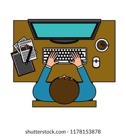 businessman working with desktop aerial view