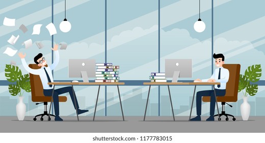 Businessman working in different emotion. Two businessmen have contrast situation in of work one can finished but the other one is very confused and busy. Illustration vector design.