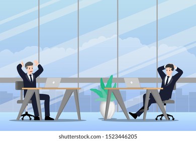 Businessman working in different emotion. Two businessmen have contrast situation in of work one can finished but the other one is very confused and busy. Illustration vector design.