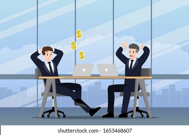 Businessman working in different emotion. Two businessmen have contrast situation in of work one can make money profit but the other one is very confused and busy. Illustration vector design.