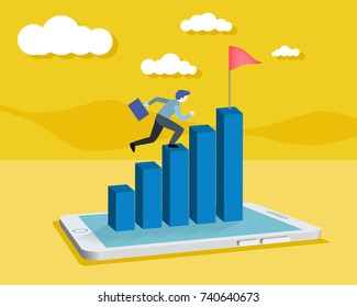 Businessman working with digital tablet or smart phone and running toward the top of the business graph, Can be used for workflow layout, banner, diagram, web design,  infographic template.