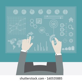 Businessman working with digital virtual screen. Flat design style - vector illustration