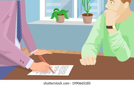 Businessman working with documents sitting at table signs contract with business partner in office. Male hands busy with paper and checks reads text, take note on notepad examine report with colleague