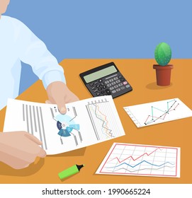 Businessman working with documents sitting at table checks results of financial activities. Male hands busy with paper and financial chart and graph, take note on notebook check report with statistics