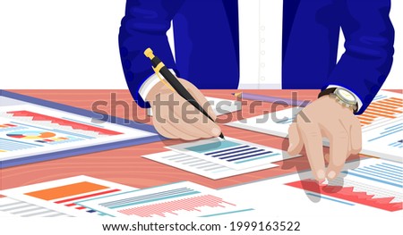 Businessman working with documents sitting at table signs contract with business partners. Male hands busy with paper and financial chart and graph, take note on notepad check report with statistics
