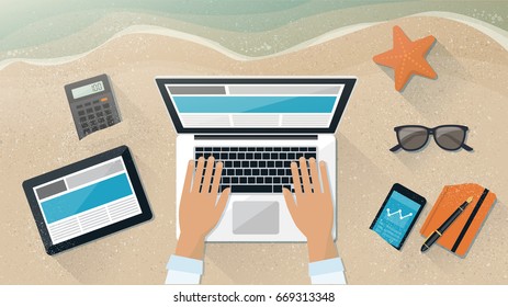 Businessman working during vacations, he is connecting with his laptop on the beach, top view