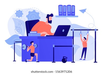 Businessman working and exercising in fitness-friendly office. Fitness-focused workspace, health-conscious workspace, modern office concept. Pinkish coral bluevector isolated illustration