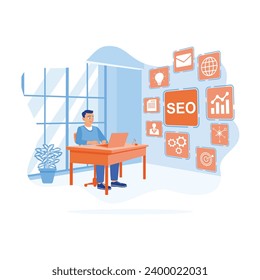 Empresario trabajando frente a un ordenador portátil con iconos SEO en la pantalla. Empresario analizando la clasificación de tráfico de sitios web de marketing. concepto SEO. ilustración plana vectorial moderna de tendencia