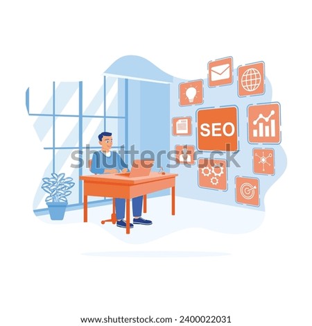 Businessman working in front of a laptop computer with SEO icons on the screen. Businessman analyzing marketing website traffic ranking. SEO concept. trend modern vector flat illustration