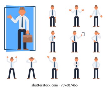Businessman working front view cartoon character design set. Male smile poses and gestures. Animated style , People flat vector illustration.
