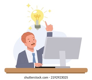 Businessman is working and got an ideas , lightbulb. Flat vector illustration