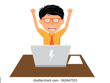businessman working and happy at his desk. vector illustration.