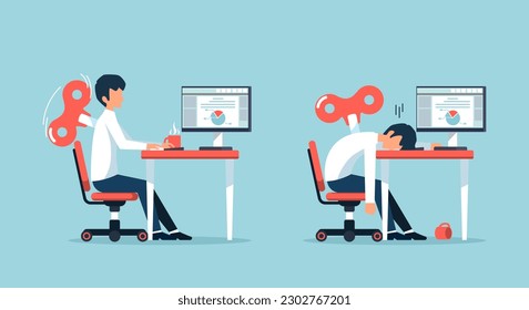 Businessman Working hard and burnout concept. Energy-draining people for winding up. Exhausted from working a long time. Vector illustration cartoon flat design.