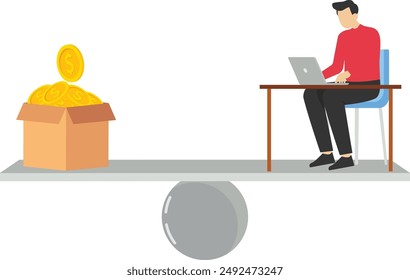 businessman working hard at busy desk balance dollar money salary. Wages, salary or earnings, concept of work and life balance, work for money or motivating incentives to work overtime.

