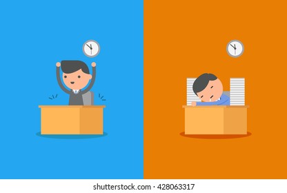 Businessman working hard and Businessman falling asleep at his work. Business concept cartoon illustration.