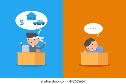 Businessman working hard and Businessman falling asleep at his work. Business concept cartoon illustration.
