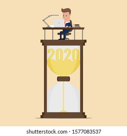Businessman is working hard on an hourglass. The beginning of the new year 2020. Vector Illustration
