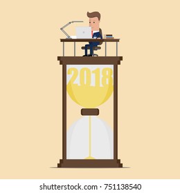 Businessman is working hard on an hourglass. The beginning of the new year 2018. Vector Illustration