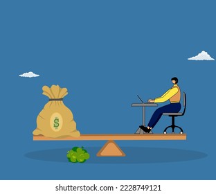 Businessman working hard on the table  balance with wage money bag,concept of work and life balance .
