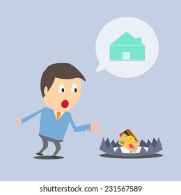 Businessman working hard with  of stuff, representing to paying house, credit card