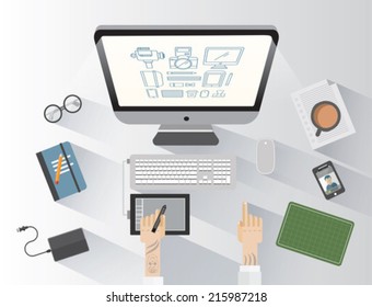 Empresario trabajando en su escritorio vector sobre fondo gris