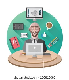 Empresario trabajando en su escritorio vector sobre fondo blanco