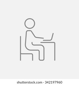 Businessman working at his laptop line icon for web, mobile and infographics. Vector dark grey icon isolated on light grey background.