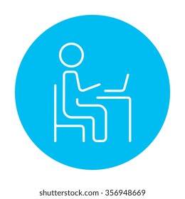 Businessman working at his laptop line icon for web, mobile and infographics. Vector white icon on the light blue circle isolated on white background.
