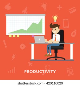 Businessman working at his laptop in office productivity concept flat abstract isolated vector illustration