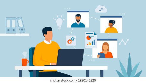 Businessman working in his office and connecting online with his virtual team, he is having a conference call