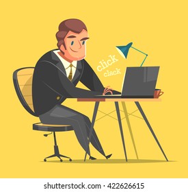 Businessman working at his office desk. Cartoon style character. Vector illustration.  