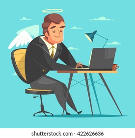 Businessman working at his office desk. Cartoon style character. Vector illustration.  