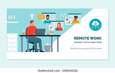 Businessman Working In His Office And Having A Conference Call Online With His Remote Team, Remote Work And Virtual Team Concept