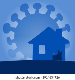 businessman working from home with big Covid-19 icon outside illustration vector. Blue shade gradient background. 